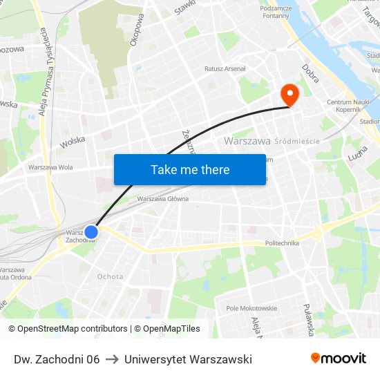 Dw. Zachodni 06 to Uniwersytet Warszawski map
