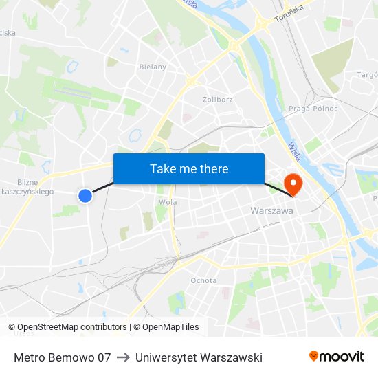 Metro Bemowo 07 to Uniwersytet Warszawski map
