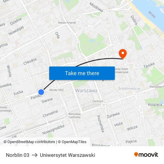 Norblin to Uniwersytet Warszawski map