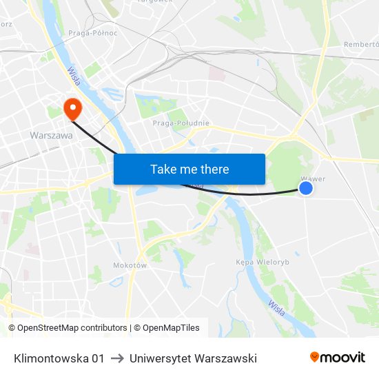Klimontowska 01 to Uniwersytet Warszawski map