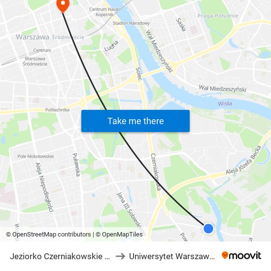 Jeziorko Czerniakowskie to Uniwersytet Warszawski map