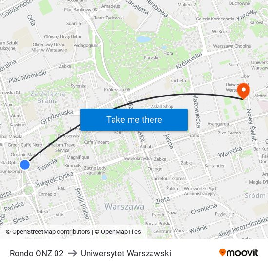 Rondo ONZ 02 to Uniwersytet Warszawski map