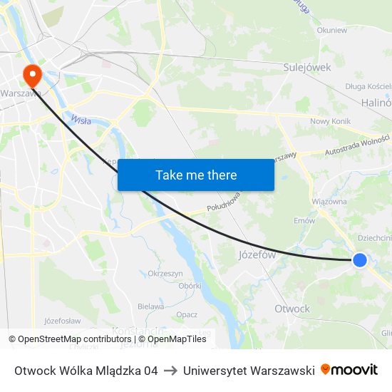 Otwock Wólka Mlądzka 04 to Uniwersytet Warszawski map