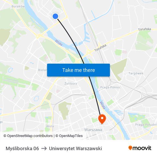 Myśliborska to Uniwersytet Warszawski map