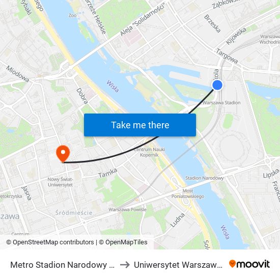 Metro Stadion Narodowy to Uniwersytet Warszawski map