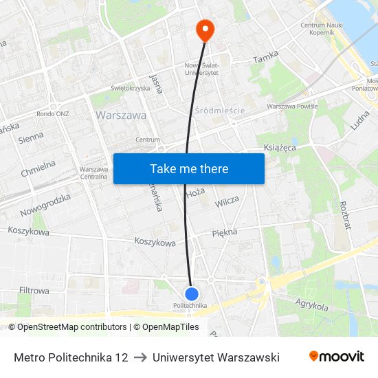 Metro Politechnika 12 to Uniwersytet Warszawski map