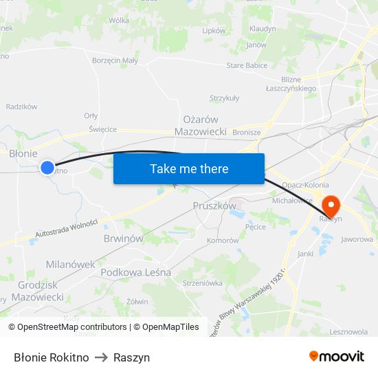 Błonie Rokitno to Raszyn map