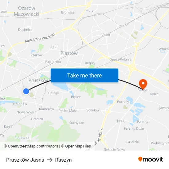 Pruszków Jasna to Raszyn map