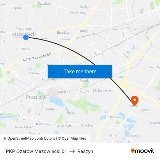 PKP Ożarów Mazowiecki 01 to Raszyn map