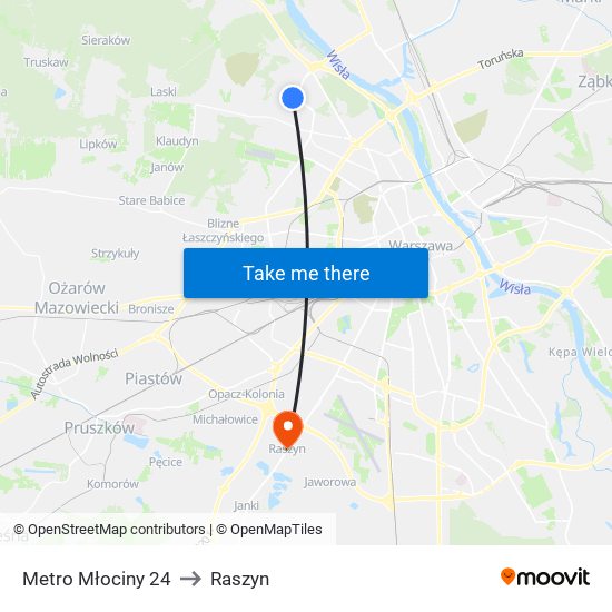 Metro Młociny to Raszyn map