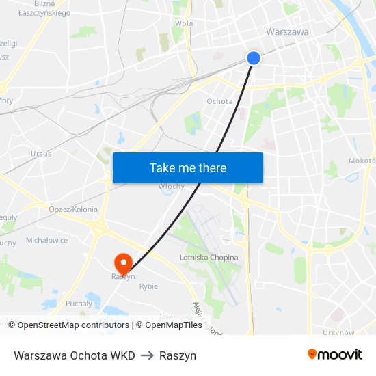 Warszawa Ochota WKD to Raszyn map