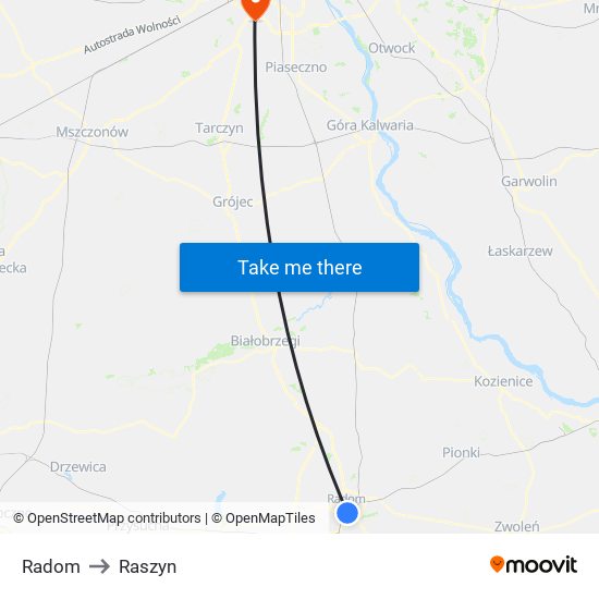 Radom to Raszyn map