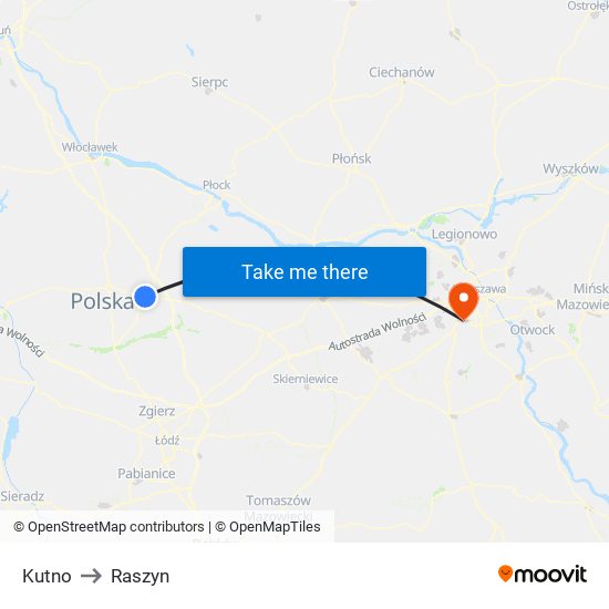 Kutno to Raszyn map