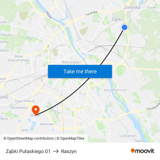 Ząbki Pułaskiego 01 to Raszyn map