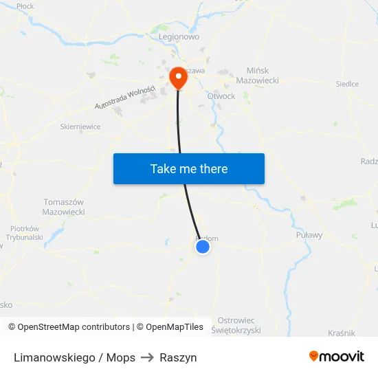 Limanowskiego / Mops to Raszyn map