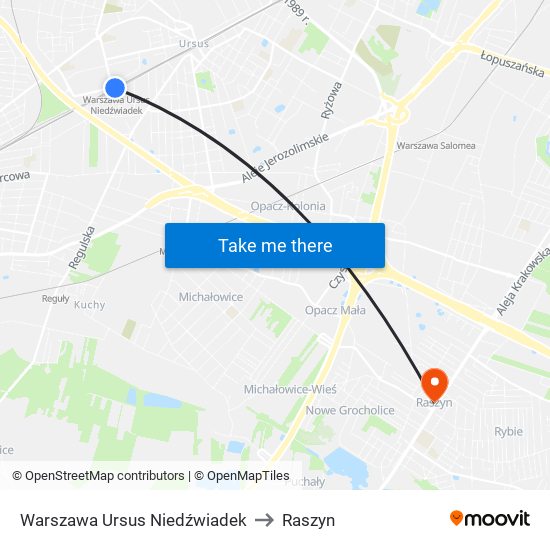 Warszawa Ursus Niedźwiadek to Raszyn map