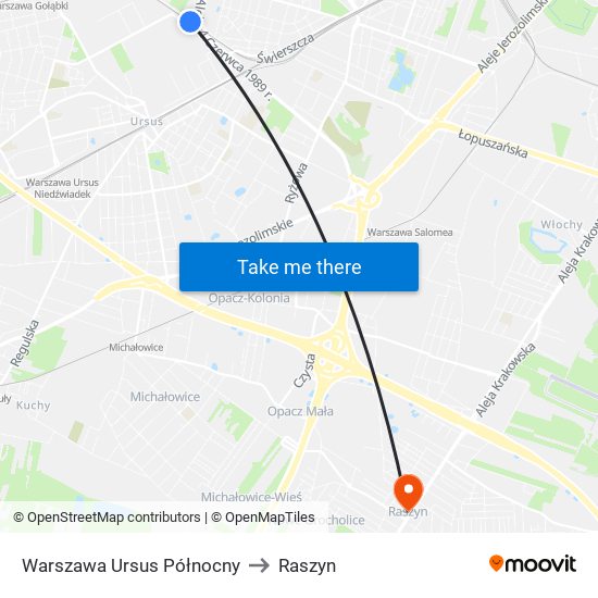 Warszawa Ursus Północny to Raszyn map