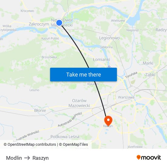 Modlin to Raszyn map