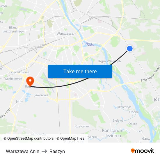 Warszawa Anin to Raszyn map