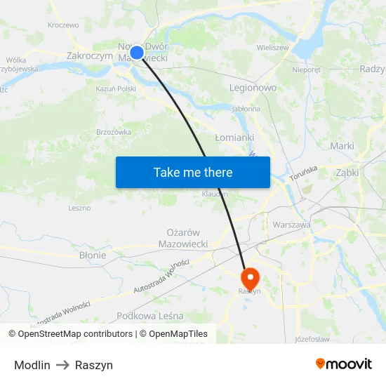 Modlin to Raszyn map