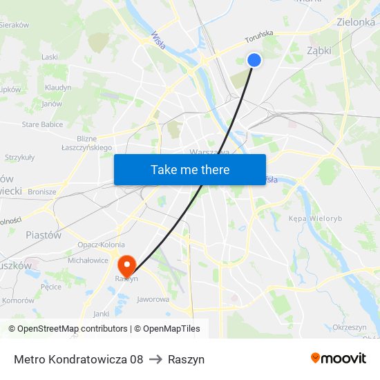 Metro Kondratowicza to Raszyn map