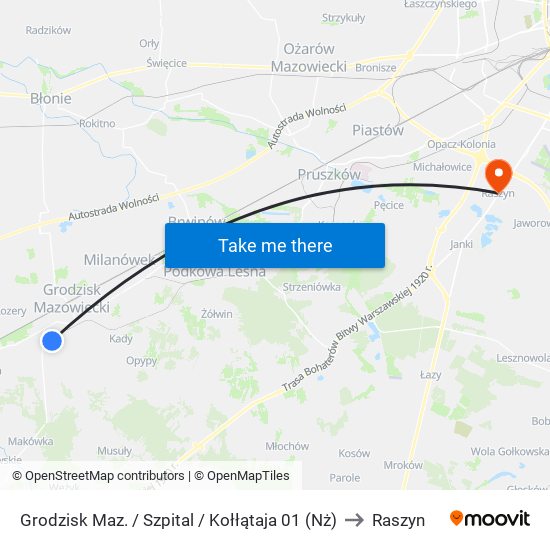 Grodzisk Maz. / Szpital / Kołłątaja 01 (Nż) to Raszyn map