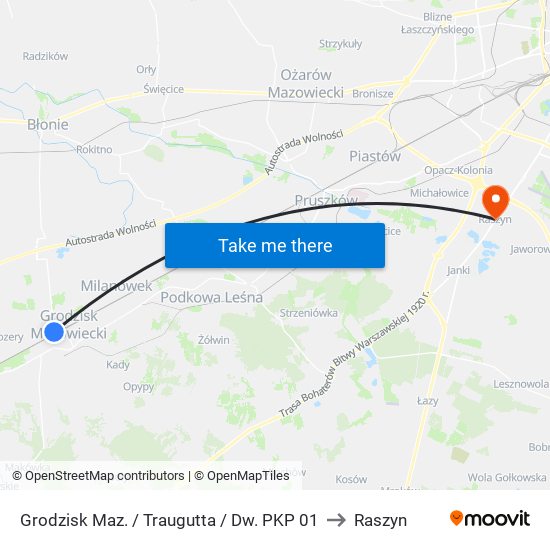 Grodzisk Maz. / Traugutta / Dw. PKP to Raszyn map