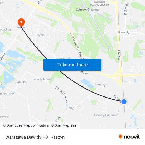 Warszawa Dawidy to Raszyn map