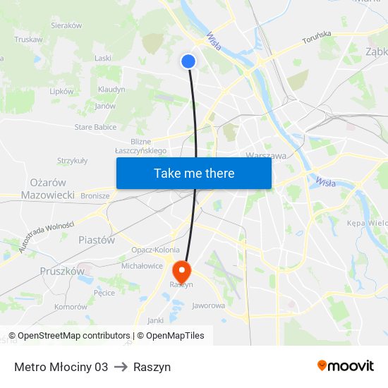 Metro Młociny to Raszyn map