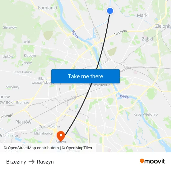 Brzeziny to Raszyn map
