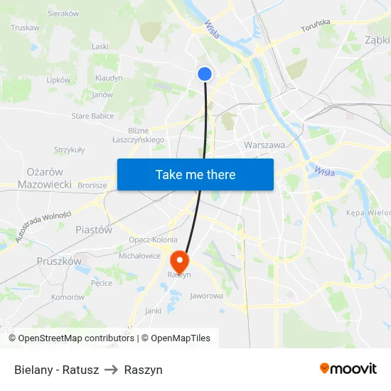 Bielany - Ratusz to Raszyn map