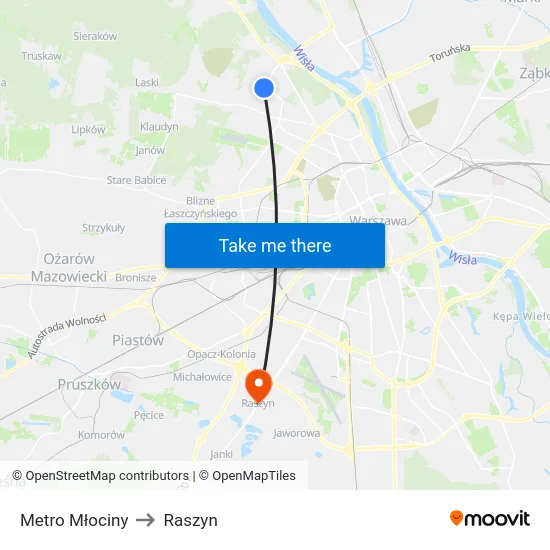 Metro Młociny to Raszyn map