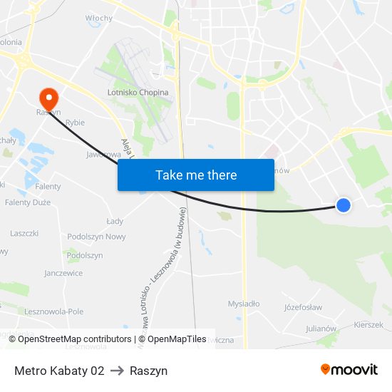 Metro Kabaty to Raszyn map