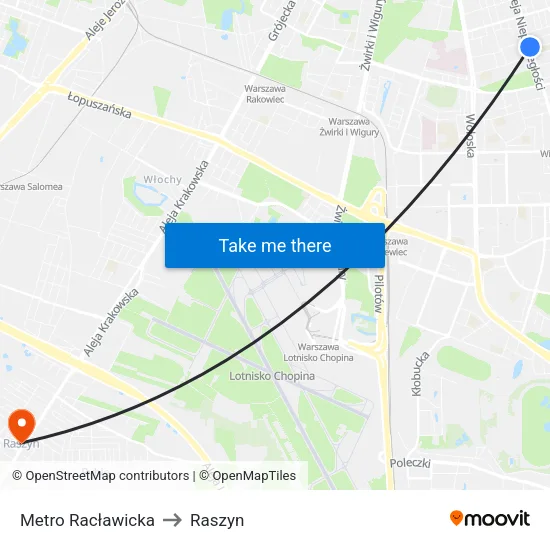 Metro Racławicka to Raszyn map