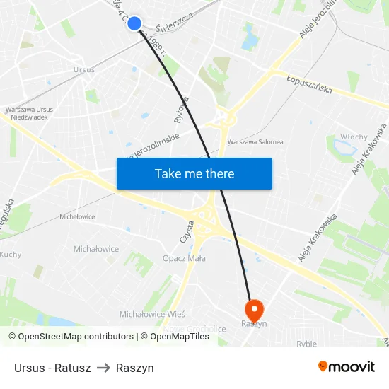 Ursus - Ratusz to Raszyn map