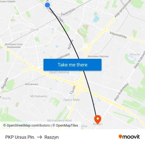 PKP Ursus Płn. to Raszyn map