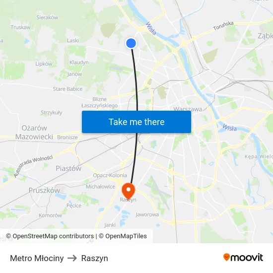Metro Młociny to Raszyn map