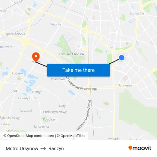 Metro Ursynów to Raszyn map