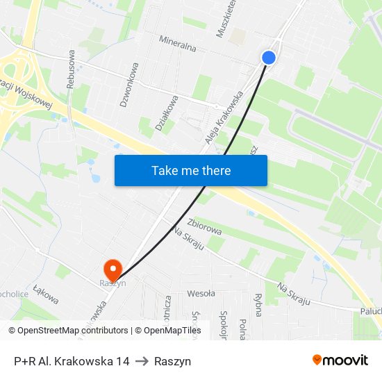 P+R Al. Krakowska 14 to Raszyn map