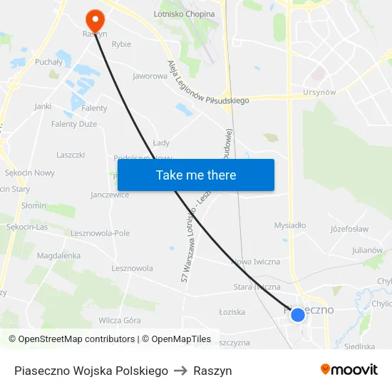 Piaseczno Wojska Polskiego to Raszyn map