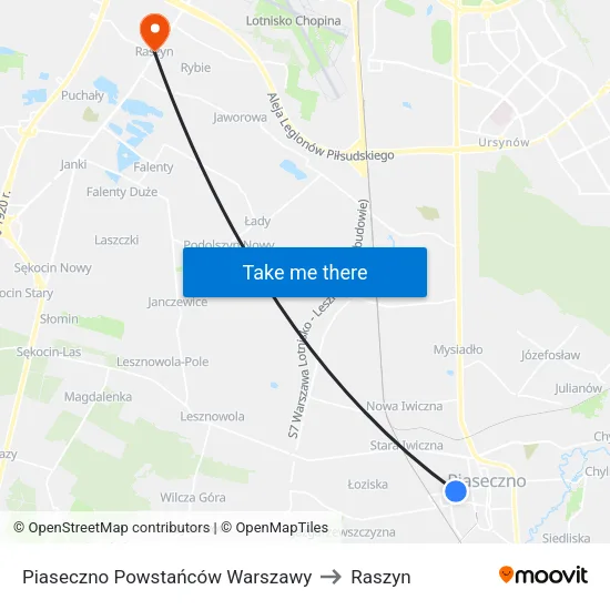 Piaseczno Powstańców Warszawy to Raszyn map