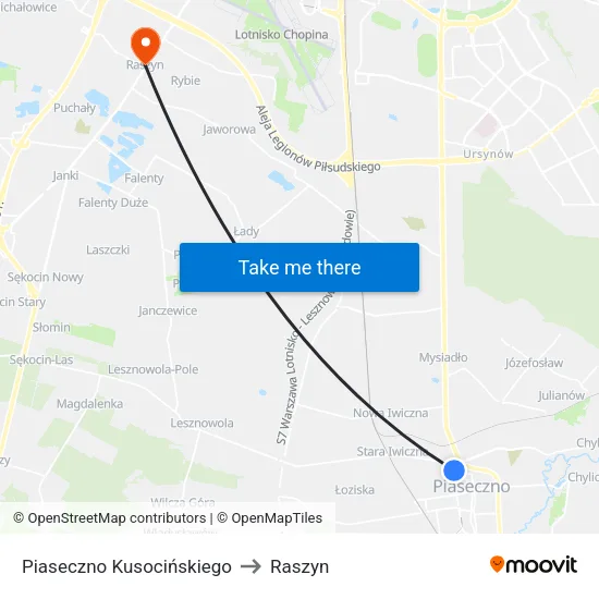 Piaseczno Kusocińskiego to Raszyn map