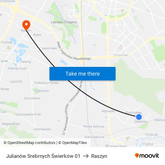 Julianów Srebrnych Świerków 01 to Raszyn map