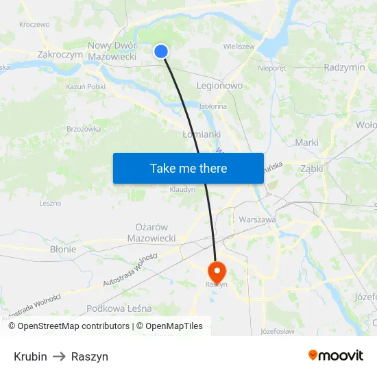 Krubin to Raszyn map