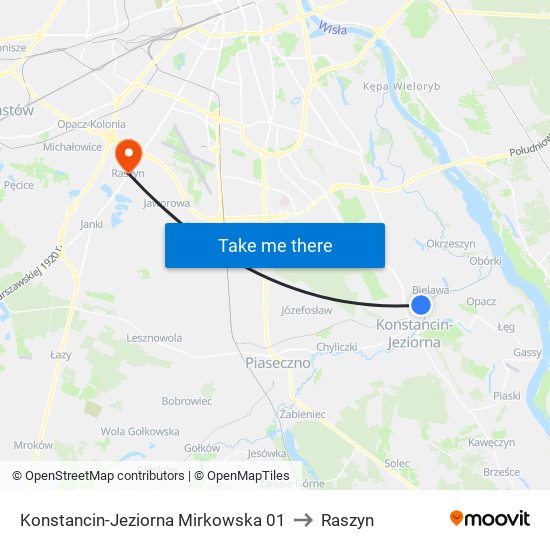 Konstancin-Jeziorna Mirkowska to Raszyn map