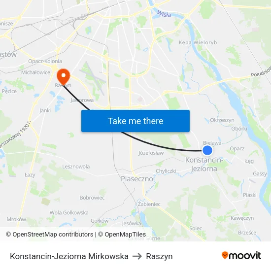 Konstancin-Jeziorna Mirkowska to Raszyn map