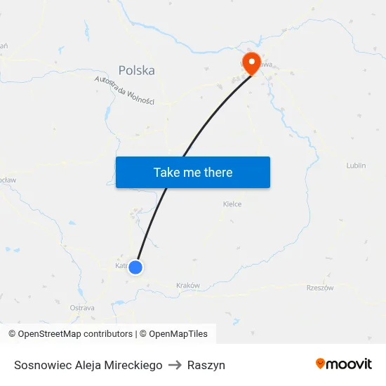 Sosnowiec Aleja Mireckiego to Raszyn map