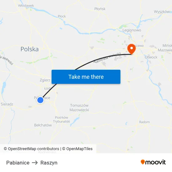 Pabianice to Raszyn map