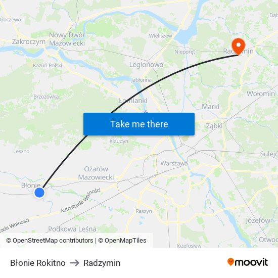 Błonie Rokitno to Radzymin map