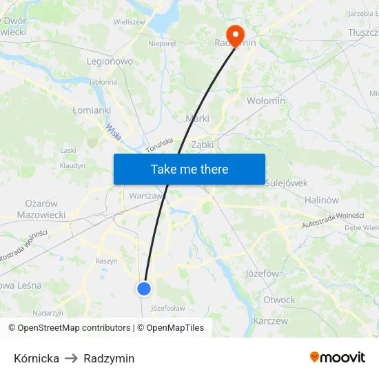 Kórnicka to Radzymin map